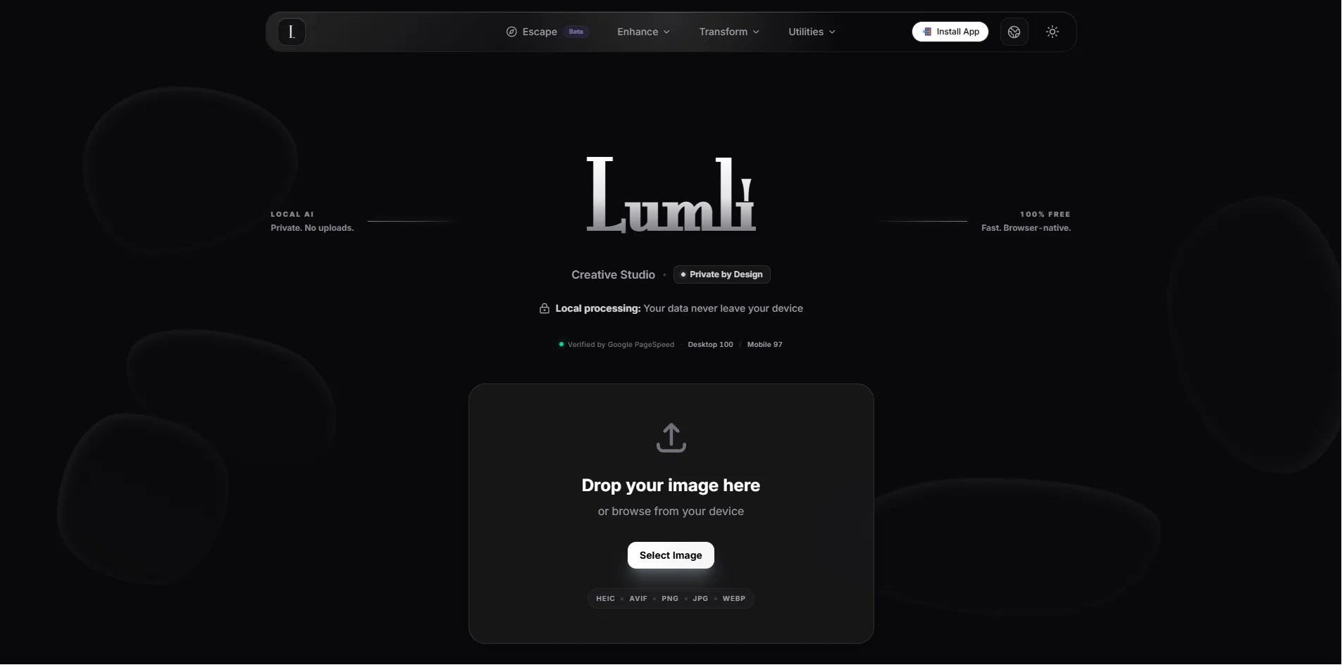 Lumli's browser interface showing local processing, with a note that your data never leaves your device