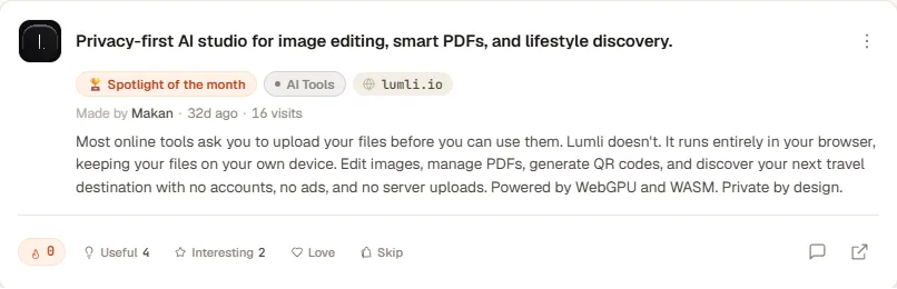 Lumli's listing card on Spotlitely with the Spotlight of the month badge